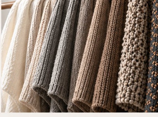 Knitted fabrics hanging in a row