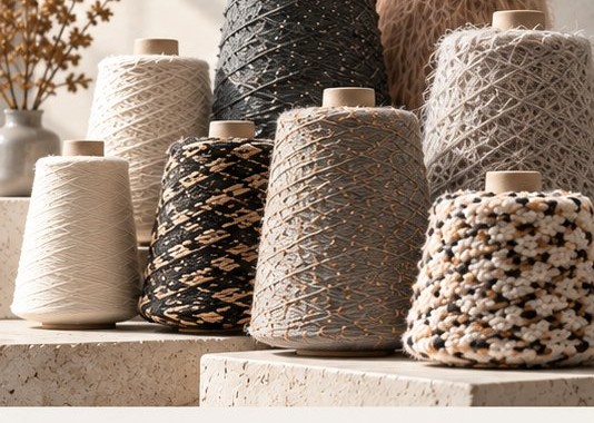 Assorted yarn cones in natural tones