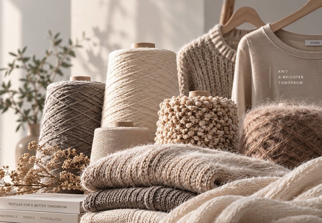 Natural yarn cones and knitted garments in warm daylight