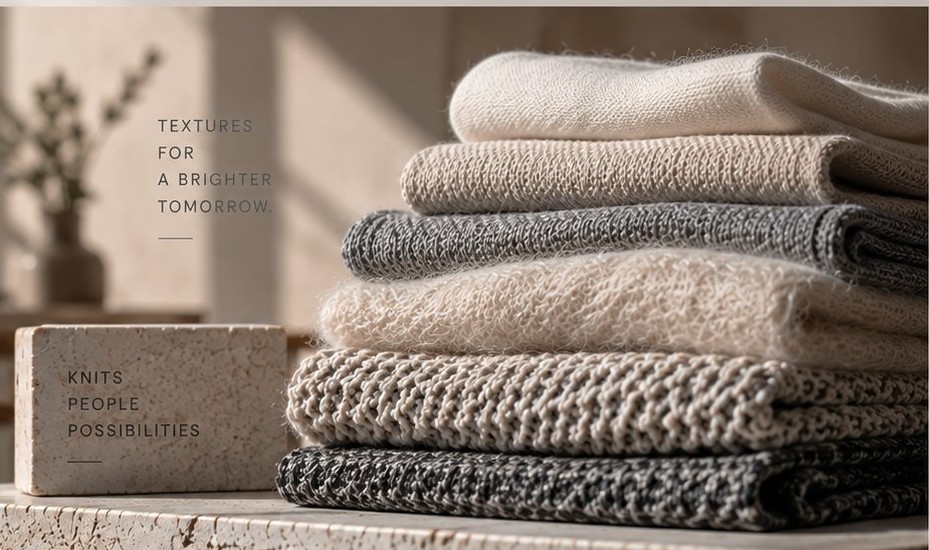 Stack of folded knits in natural tones (TEXTURES FOR A BRIGHTER TOMORROW)