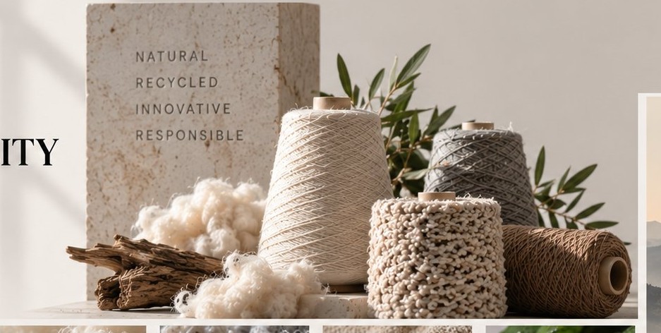 Stone block reading NATURAL RECYCLED INNOVATIVE RESPONSIBLE with yarn cones
